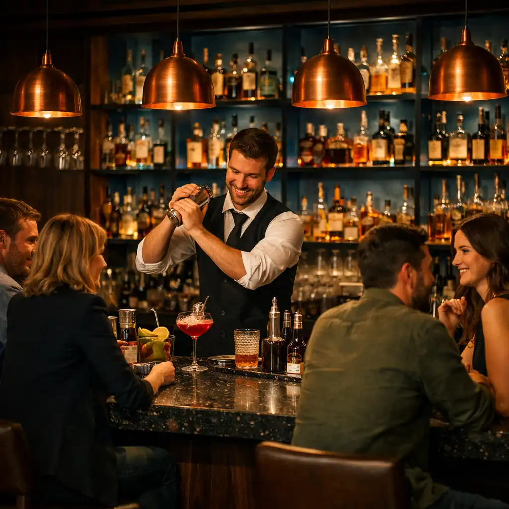 Blick auf die Bar des Tisch Vaneo mit dunkler Terrazzo-Theke, kupfernen Pendelleuchten und rauchblauen Glasregalen, während ein Barkeeper einen Cocktail mixt.