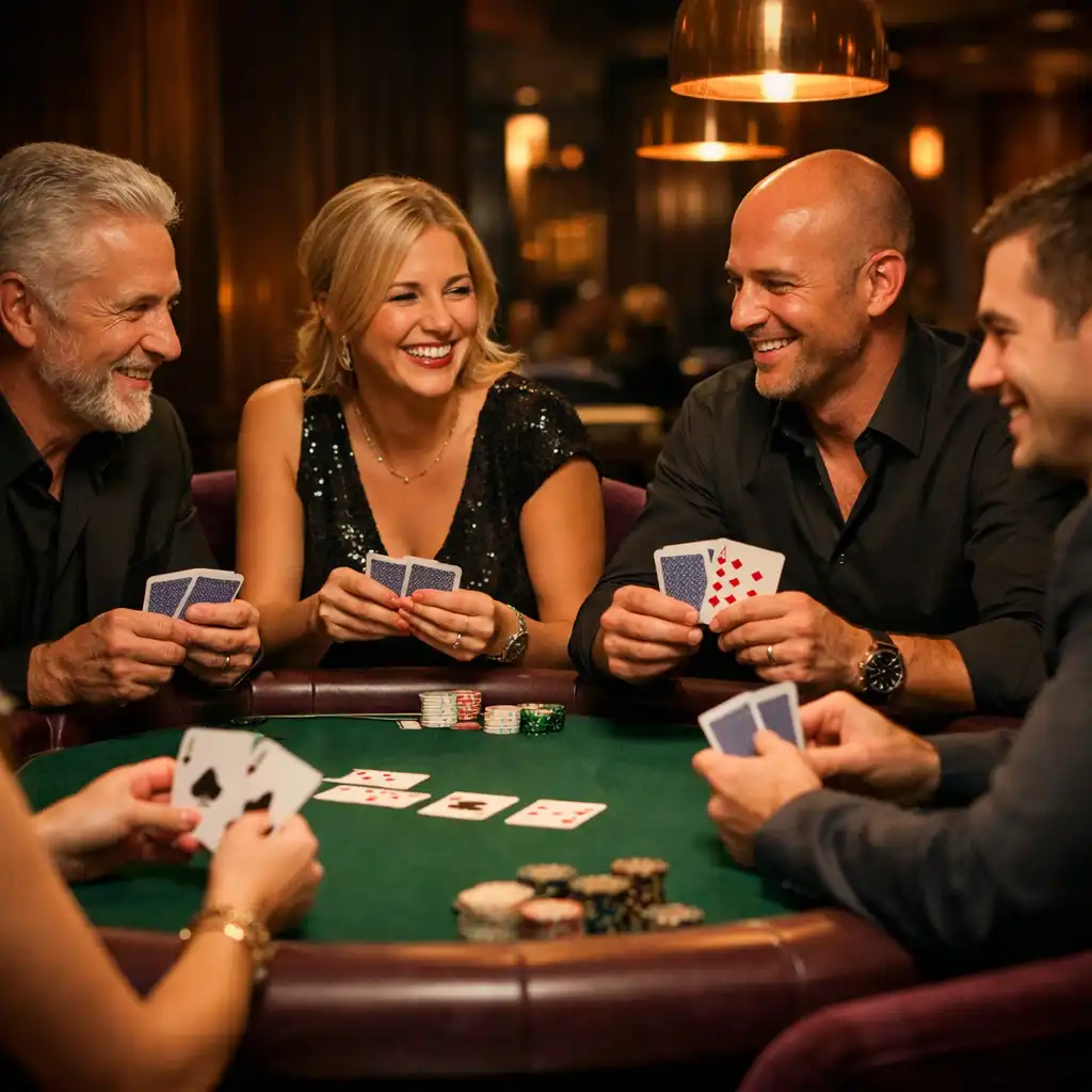Casino Lounge des Tisch Vaneo mit rundem Spieltisch, waldgrünem Filz und aubergine Samtstühlen, während Gäste Poker spielen und interagieren.