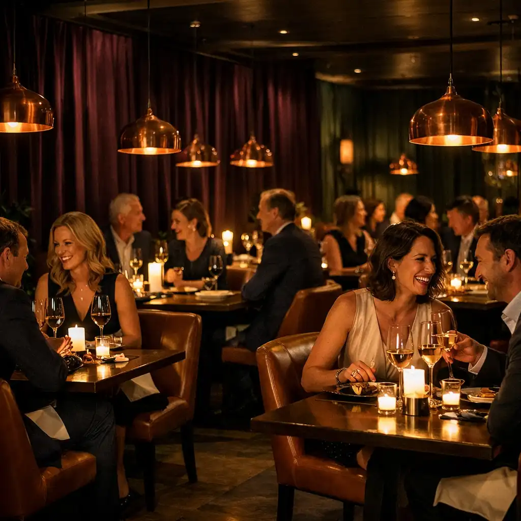 Eleganter Restaurantinnenraum des Tisch Vaneo mit dunklen Eichentischen, cognacfarbenen Lederstühlen und warmem Kerzenlicht, während Gäste ein Abendessen genießen.