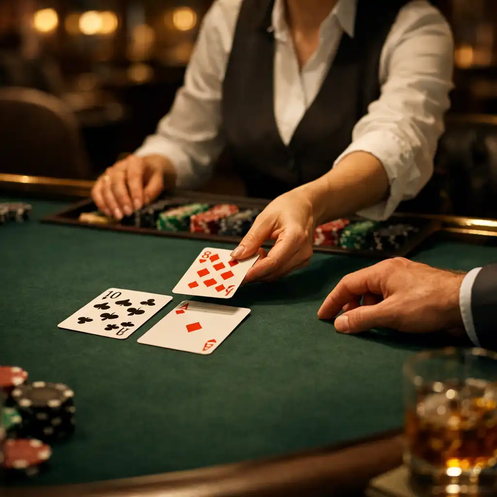 Blackjacktisch in der Casino Lounge, der Dealer teilt Karten an einen Gast aus
