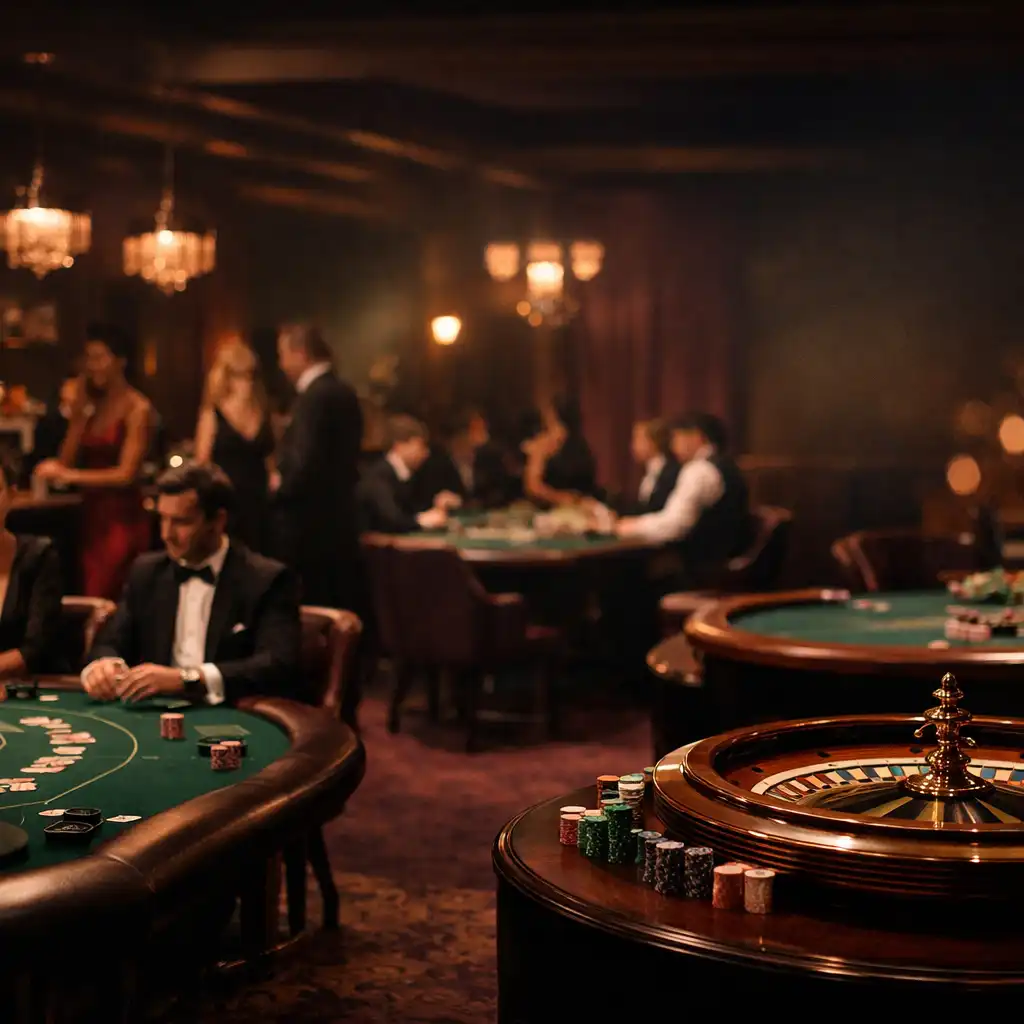 Stimmungsvolle Casino Lounge mit physischen Spieltischen, gedämpftem Licht und Gästen in eleganter Kleidung.