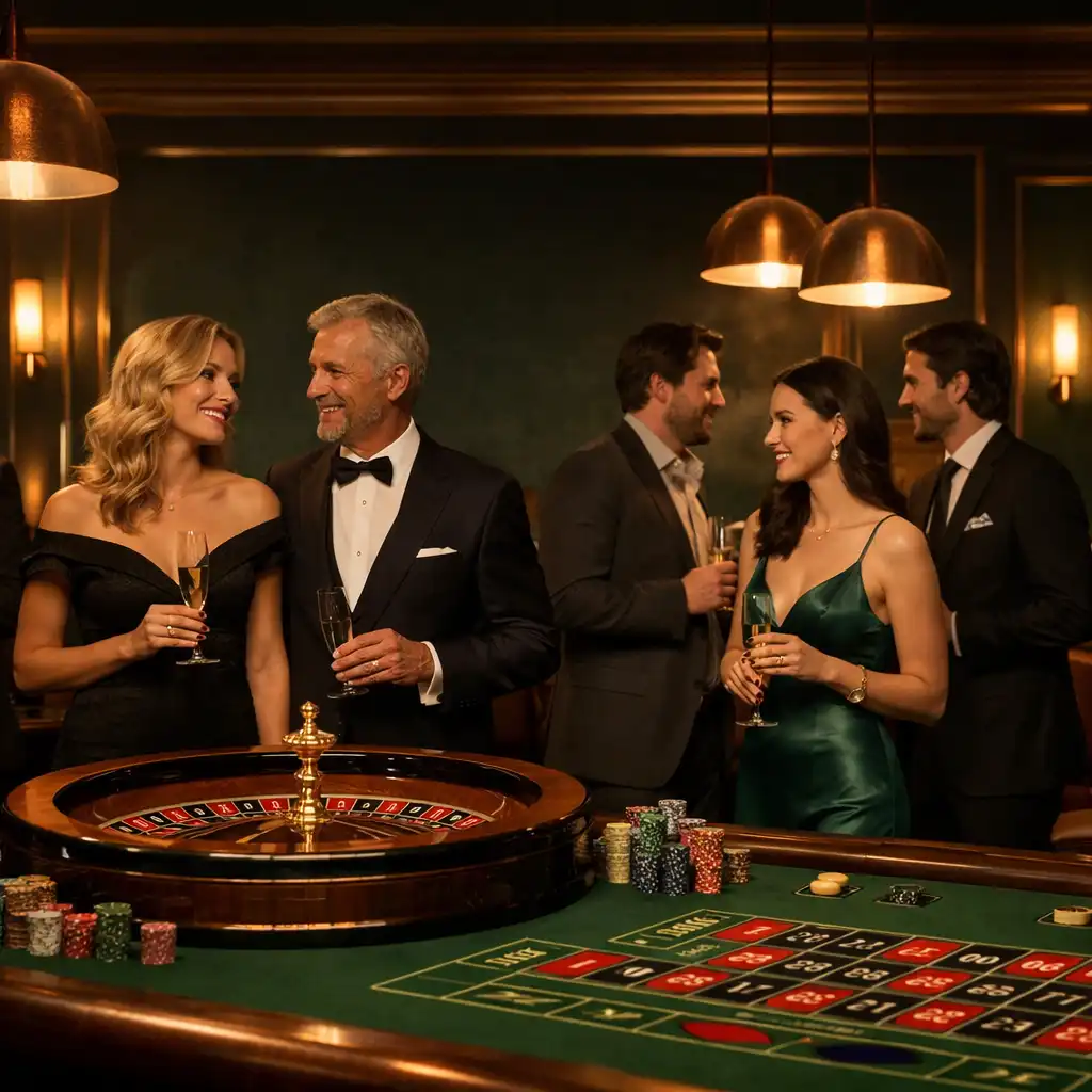 Elegante Casino Lounge im Tisch Vaneo mit Gästen an einem Roulettetisch und warmem Licht