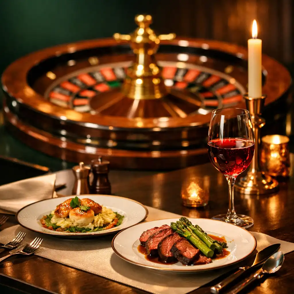 Gedeckter Tisch mit Speisen und Wein, im Hintergrund ein Roulette-Rad