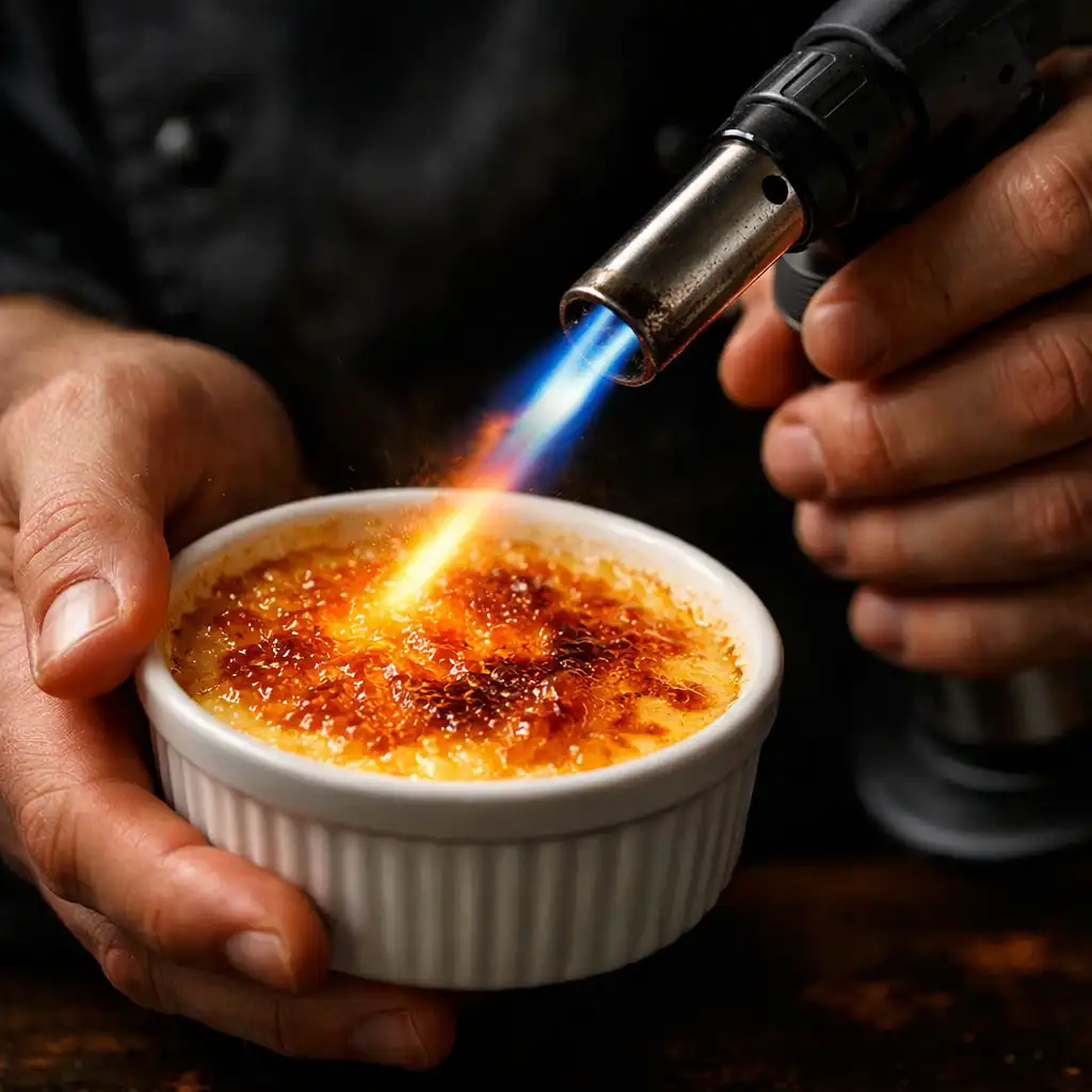Kochhände karamellisieren eine Crème brûlée mit einem Bunsenbrenner