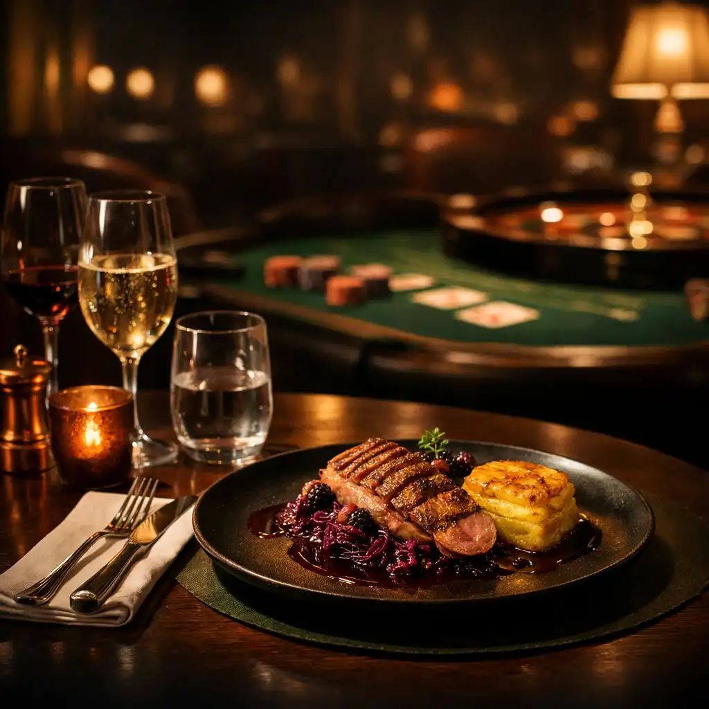 Elegant gedeckter Tisch mit einem Signature-Gericht im Tisch Vaneo, im Hintergrund angedeutete Casino-Lounge-Elemente