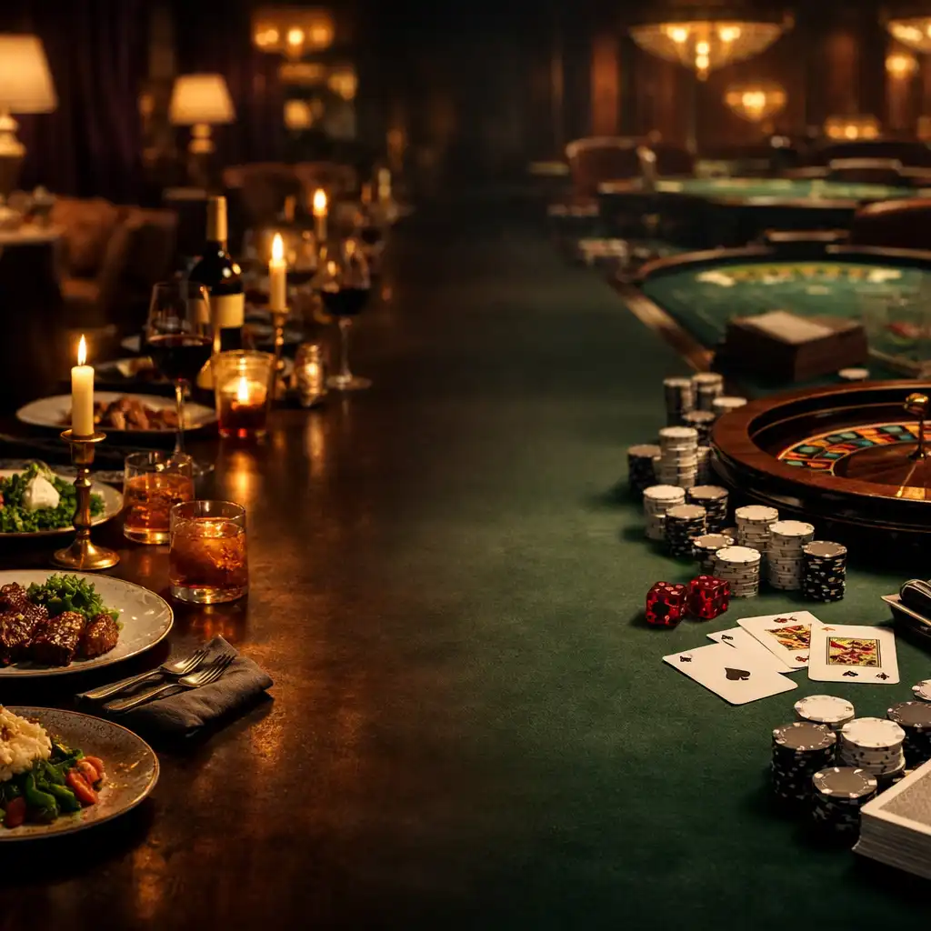Langer Tisch, der von einem gedeckten Restauranttisch mit Signature-Gerichten und Kerzenlicht in einen eleganten Spieltisch mit Karten und Roulette-Details übergeht.