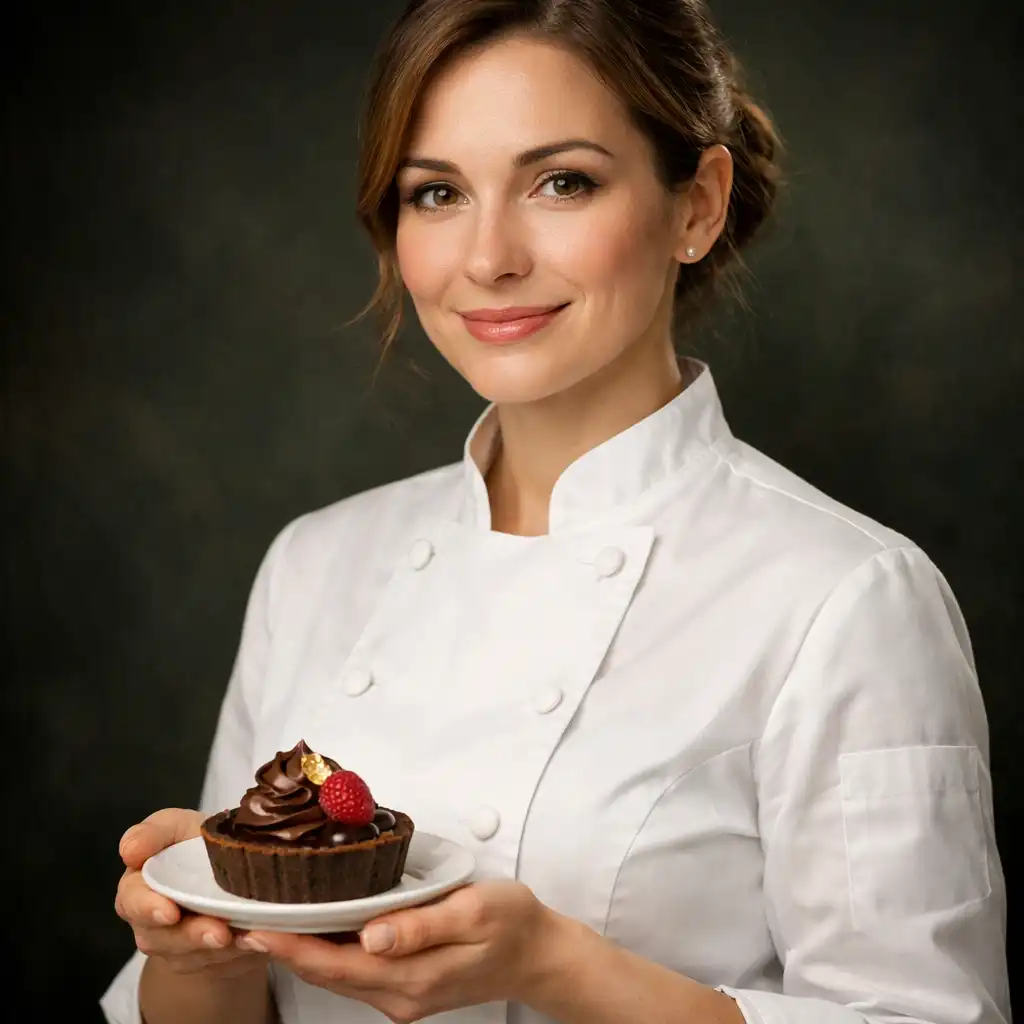 Porträt von Pâtissière Lena Hoffmann mit Schokoladentarte