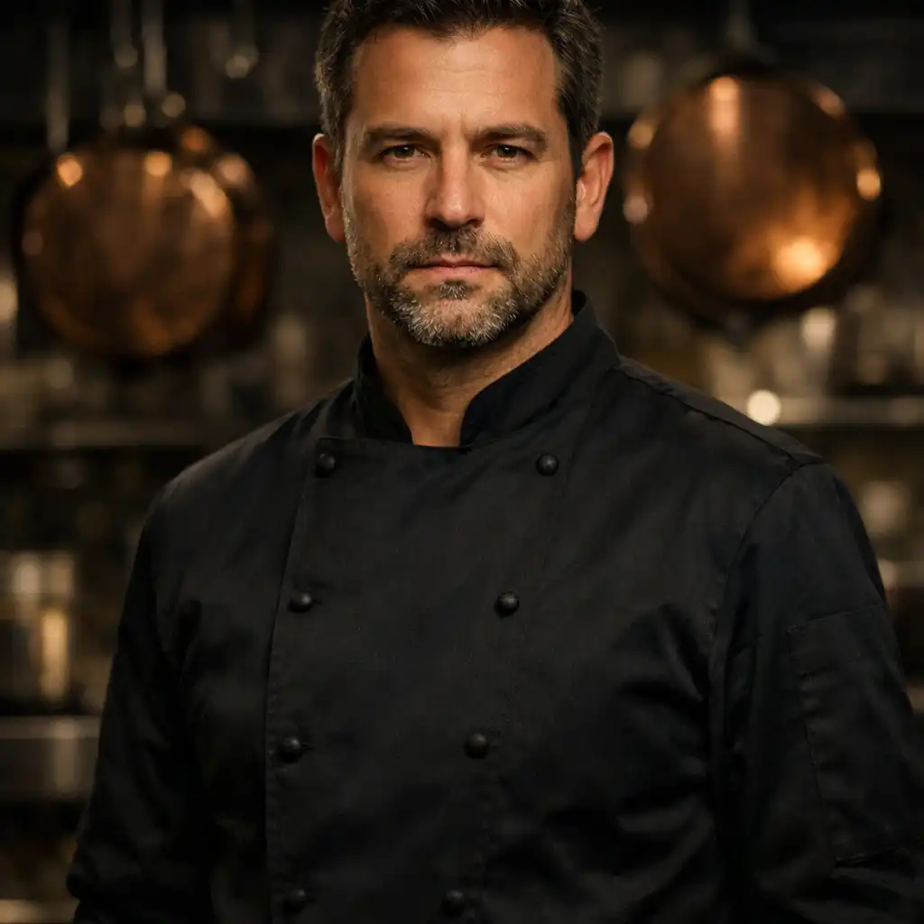 Porträt von Sous-Chef Markus Klein in dunkler Kochjacke