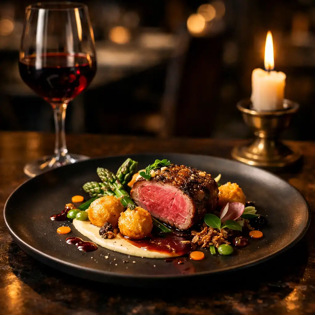 Exquisites Gericht der gehobenen Küche mit Rotwein und Kerzenlicht vor dem Pokerspiel