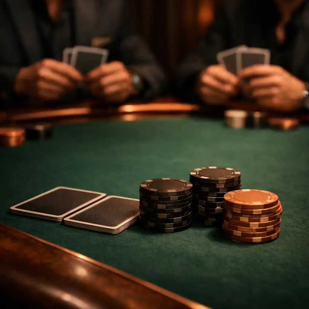 Elegante Pokertisch-Atmosphäre mit Karten und Chips in der Casino Lounge von Tisch Vaneo