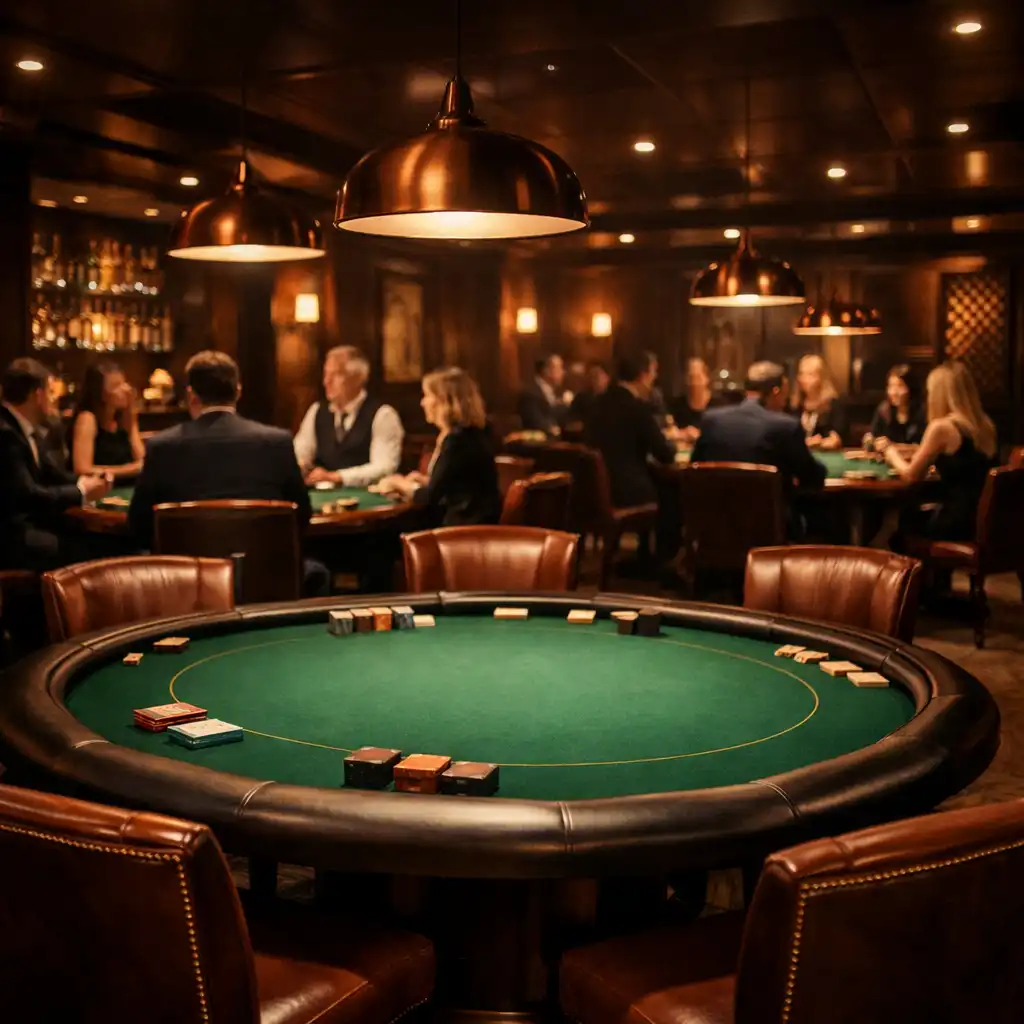 Weitwinkelblick in die exklusive Casino Lounge mit mehreren Pokertischen und eleganter Atmosphäre