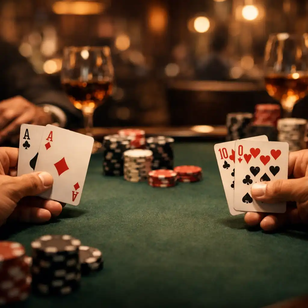Nahaufnahme eines Pokertisches mit Karten und Händen der Spieler im warmen Licht