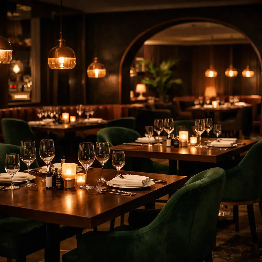 Eleganter Gastraum des Restaurants Tisch Vaneo in Frankfurt mit warmem Licht, dunklen Holztischen und grünen Samtstühlen