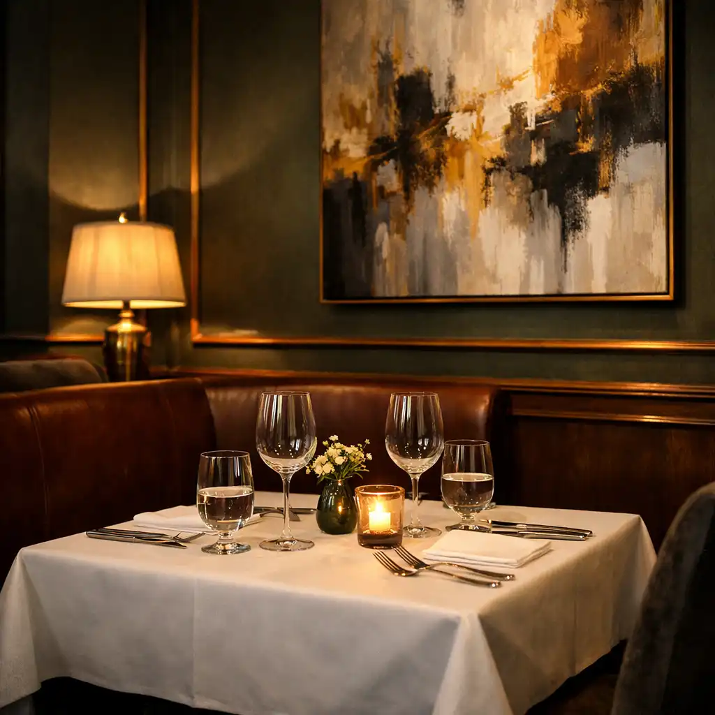 Atmosphärisches Interieur des Restaurants Tisch Vaneo mit gedecktem Tisch für zwei Personen, Kerzenlicht und dunkelgrünen Wänden