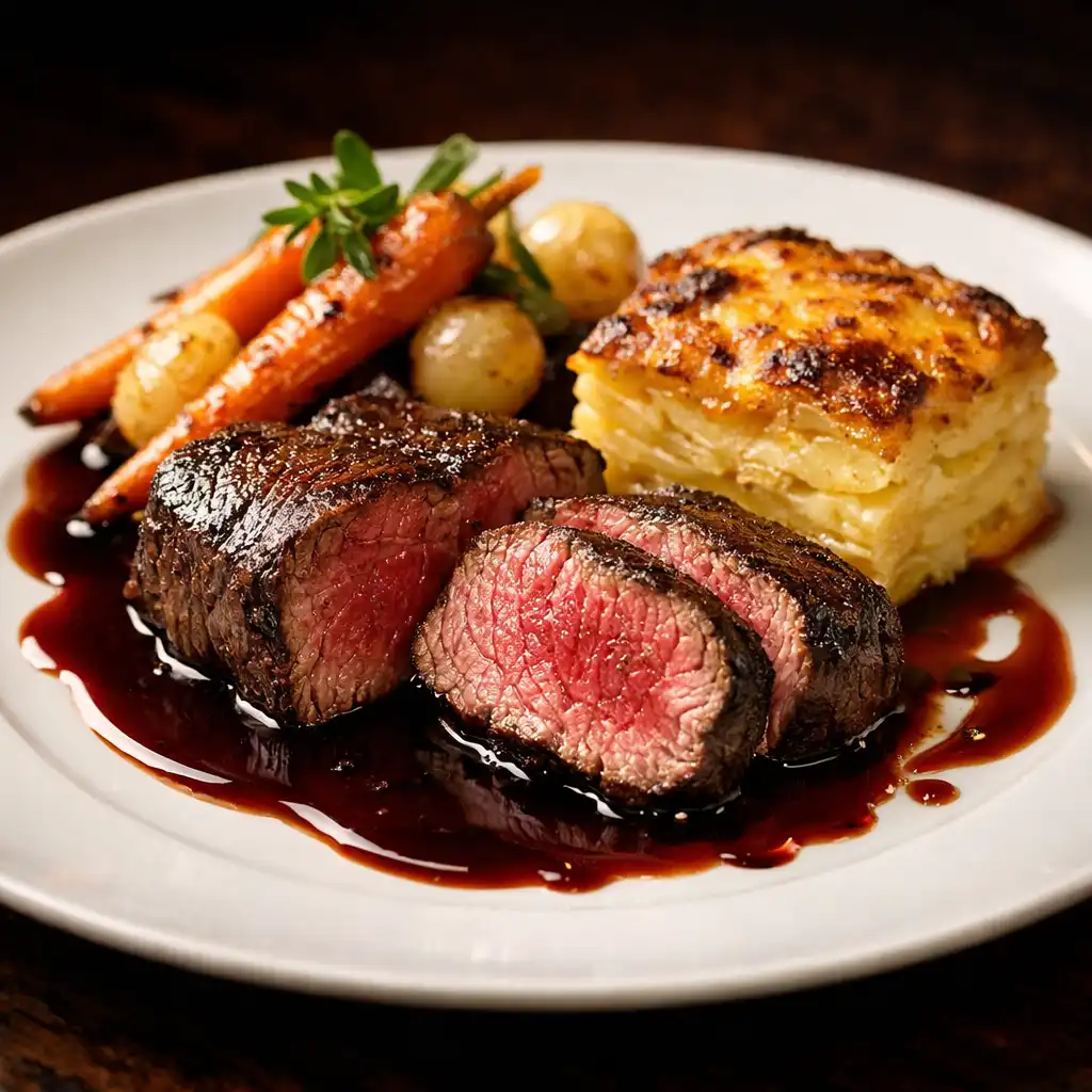 Rinderfilet mit Rotweinjus, Kartoffelgratin und Wurzelgemüse