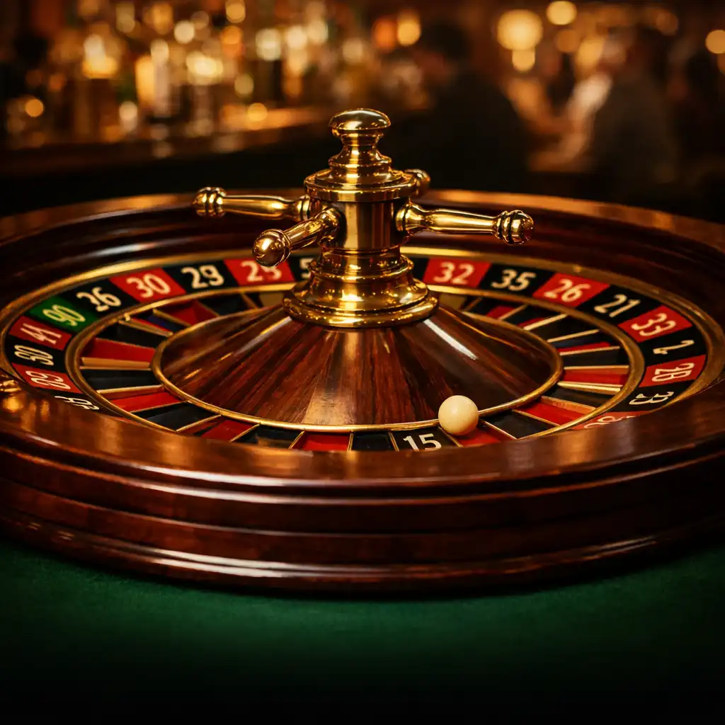 Nahaufnahme eines eleganten Roulette-Rads aus dunklem Holz und Messing auf grünem Filztisch