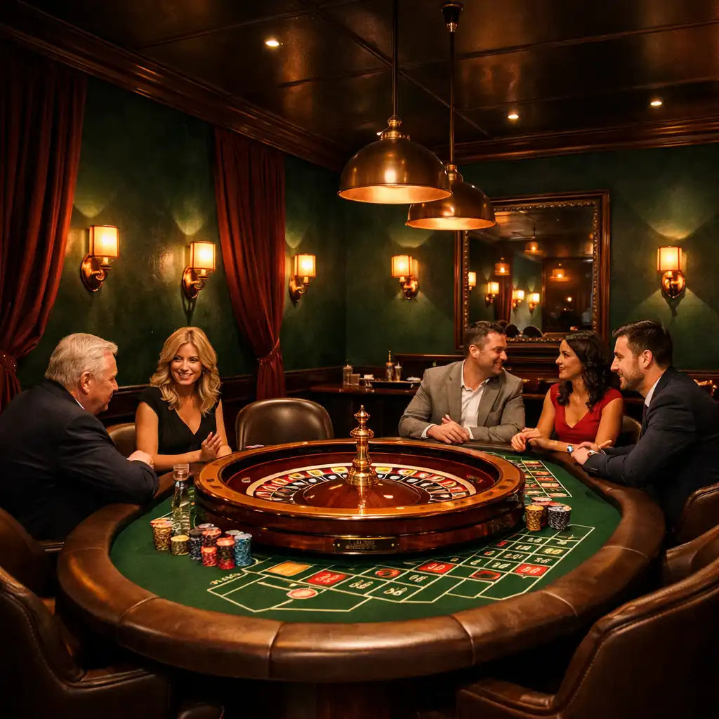 Weitwinkelaufnahme des Roulette-Salons mit Roulette-Tisch, Sesseln und Gästen in dunkelgrünem Ambiente