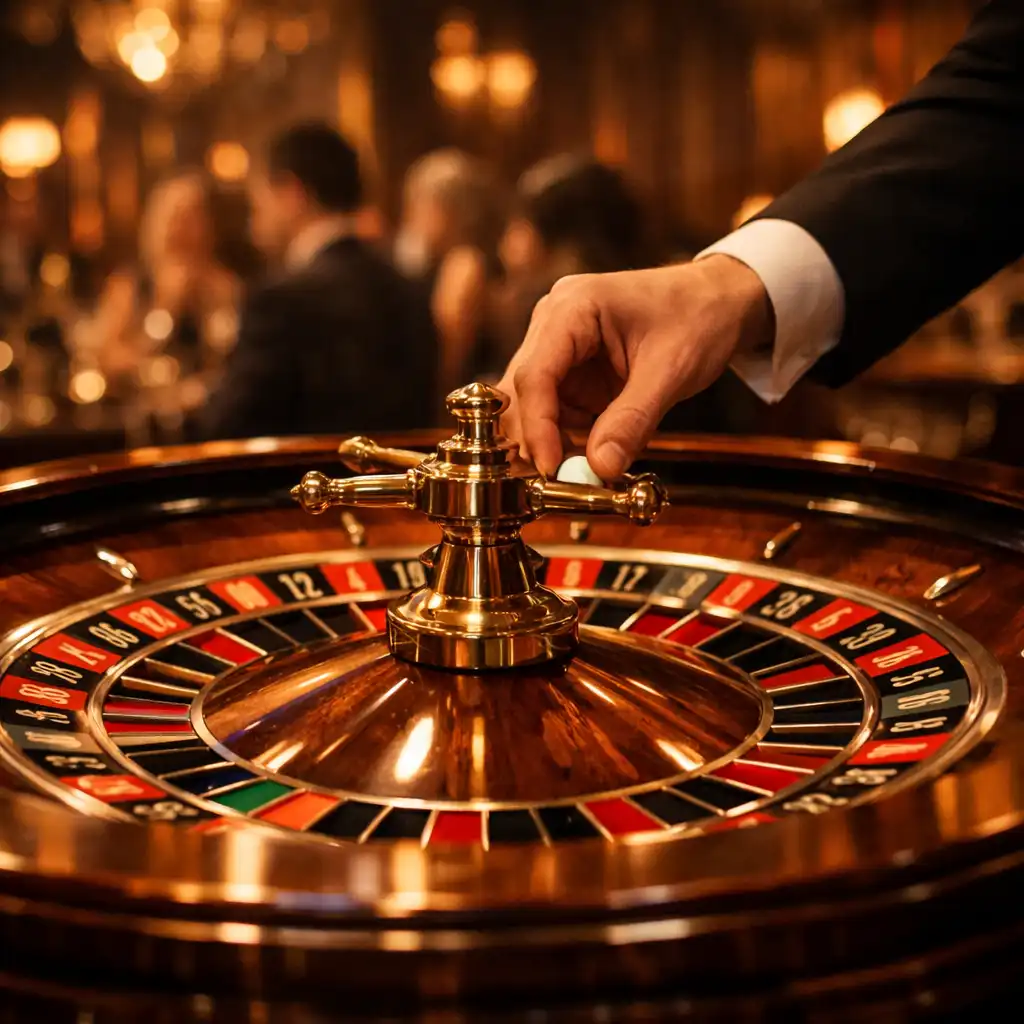 Elegantes Rouletterad auf dunklem Holztisch, die Hand eines Croupiers setzt die Kugel