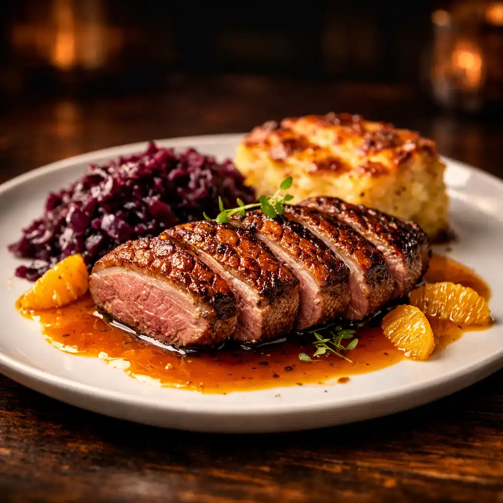 Gebratene Entenbrust mit Rotkohl und Kartoffelgratin, verfeinert mit Orangensoße