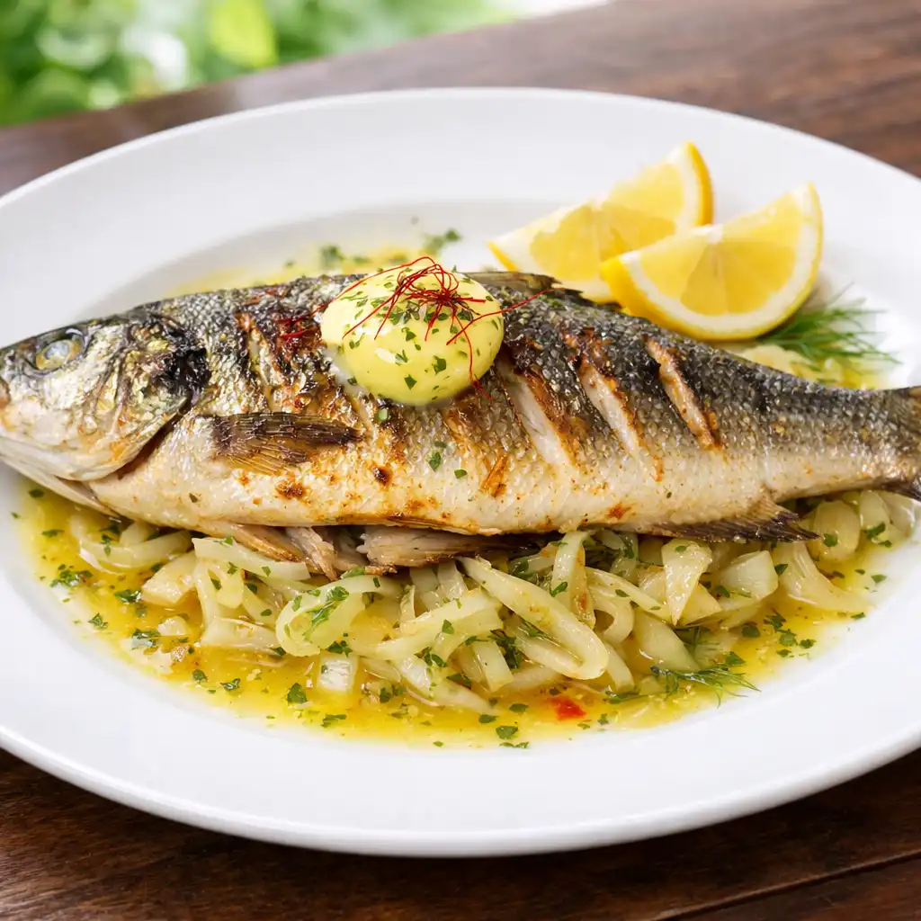 Gegrillter Loup de Mer mit Fenchel, Zitronenbutter und Safran